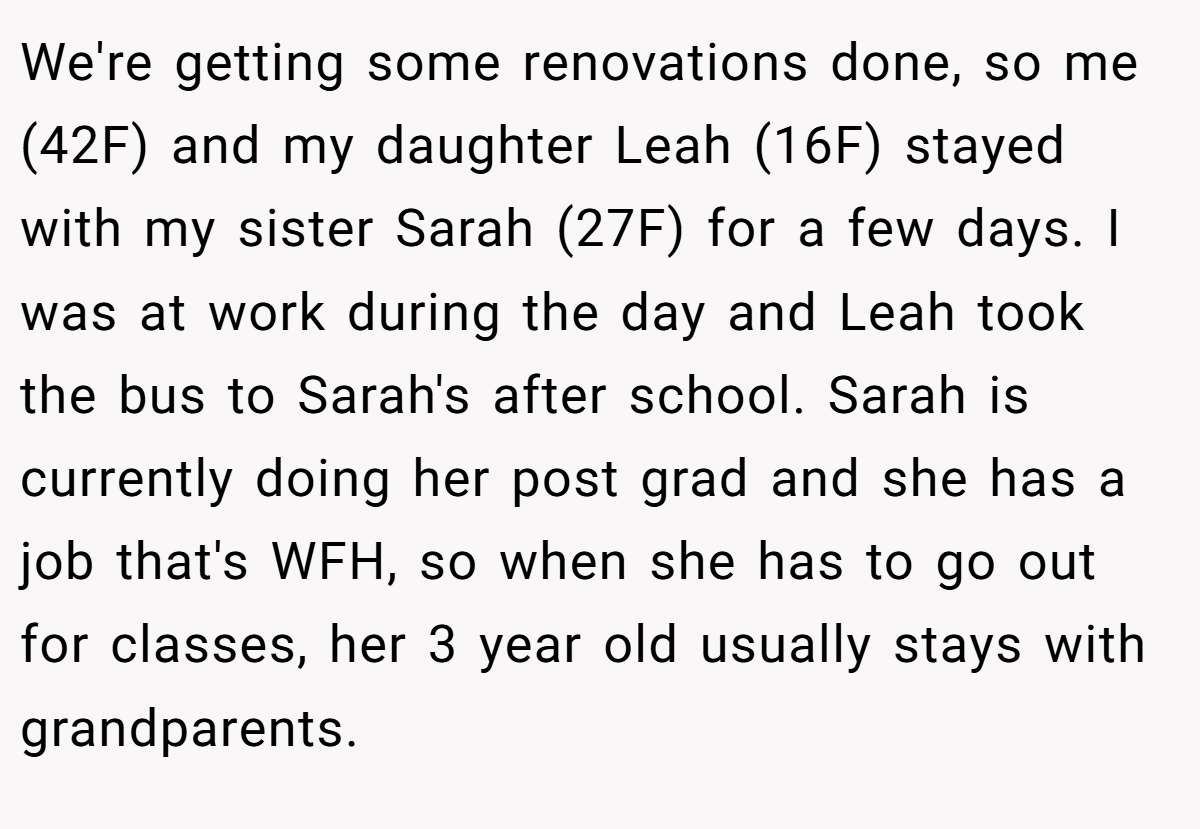 We're getting some renovations done, so me (42F) and my daughter Leah (16F) stayed with my sister Sarah (27F) for a few days. I was at work during the day and Leah took the bus to Sarah's after school. Sarah is currently doing her post grad and she has a job that's WFH, so when she has to go out for classes, her 3 year old usually stays with grandparents.