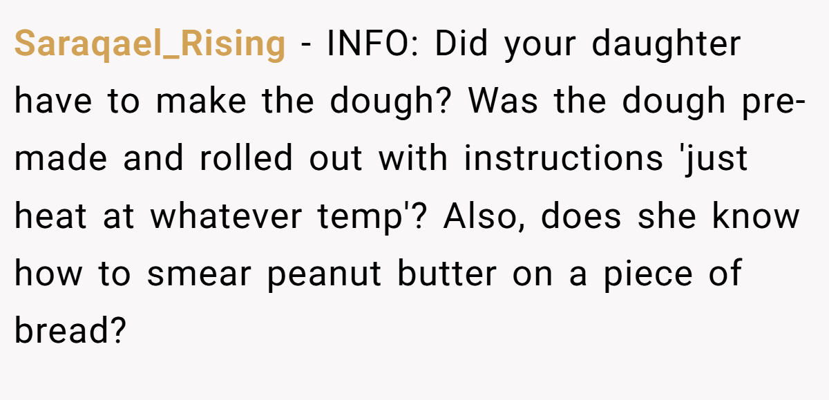 Saraqael_Rising - INFO: Did your daughter have to make the dough? Was the dough pre-made and rolled out with instructions 'just heat at whatever temp'? Also, does she know how to smear peanut butter on a piece of bread?