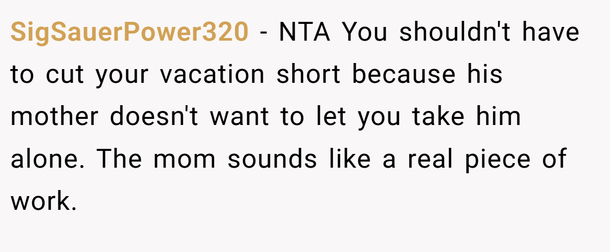 SigSauerPower320 − NTA You shouldn't have to cut your vacation short because his mother doesn't want to let you take him alone. The mom sounds like a real piece of work.