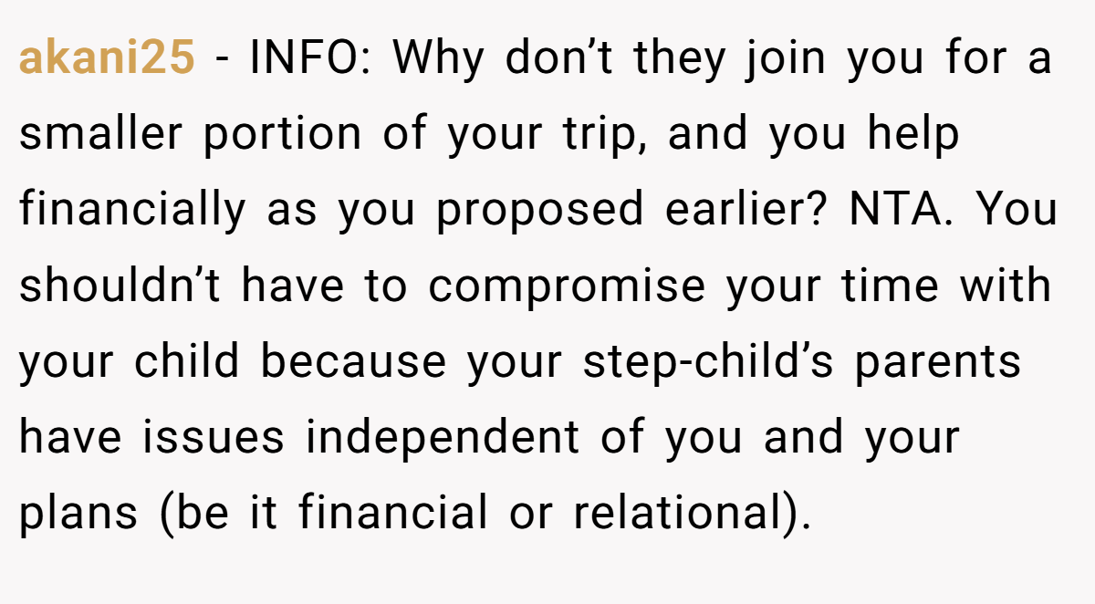 akani25 − INFO: Why don’t they join you for a smaller portion of your trip, and you help financially as you proposed earlier? NTA. You shouldn’t have to compromise your time with your child because your step-child’s parents have issues independent of you and your plans (be it financial or relational).