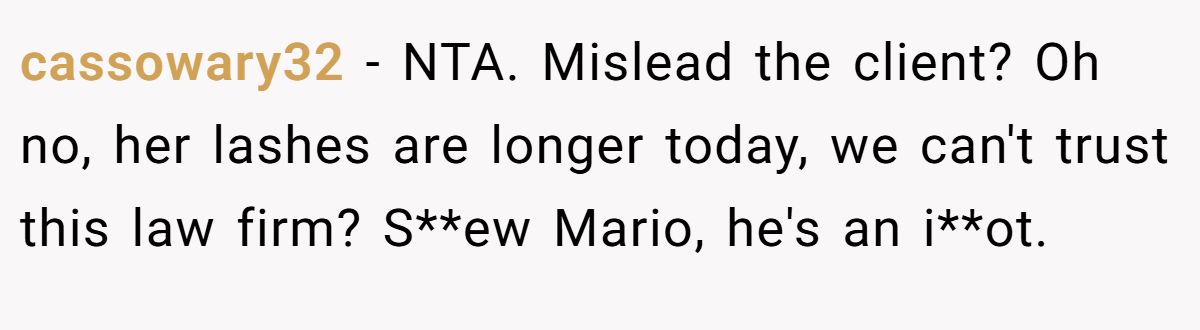 cassowary32 − NTA. Mislead the client? Oh no, her lashes are longer today, we can't trust this law firm? S**ew Mario, he's an i**ot.