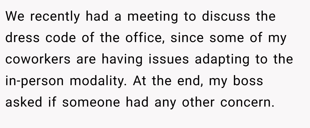 We recently had a meeting to discuss the dress code of the office, since some of my coworkers are having issues adapting to the in-person modality. At the end, my boss asked if someone had any other concern.