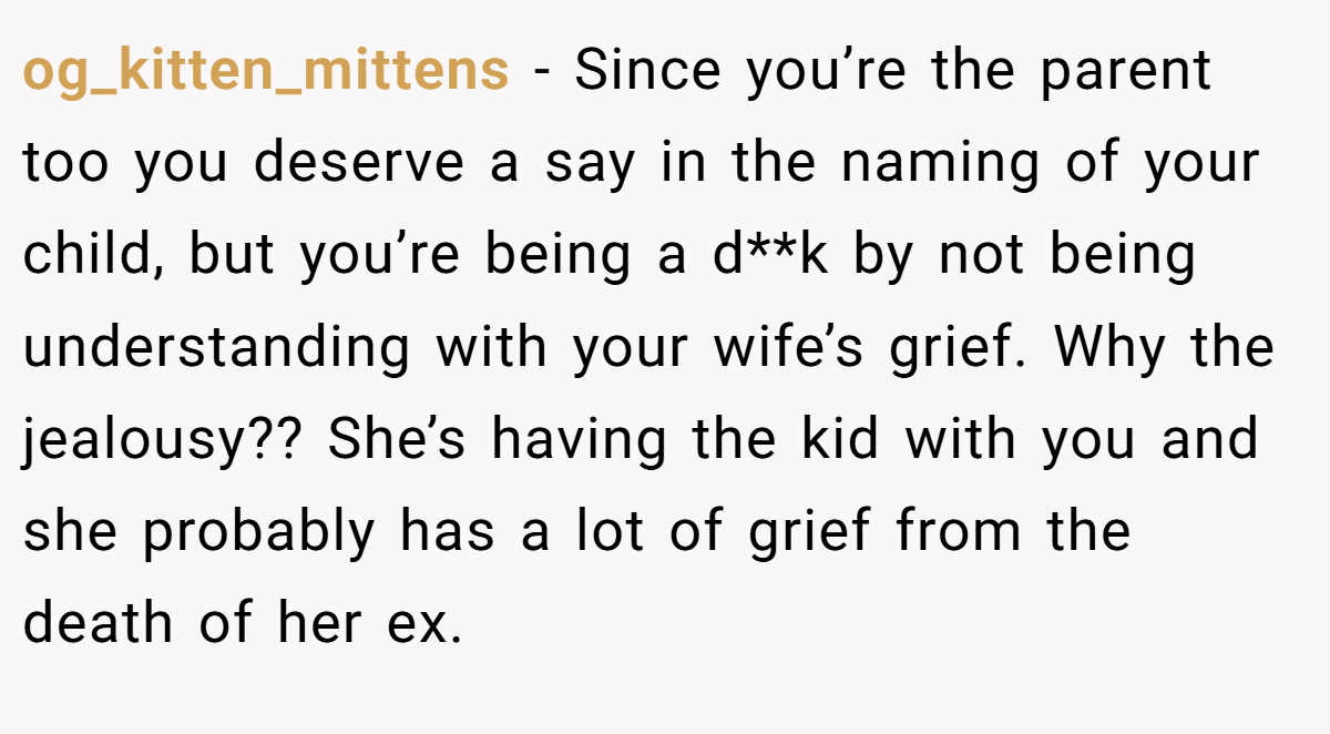 og_kitten_mittens − Since you’re the parent too you deserve a say in the naming of your child, but you’re being a d**k by not being understanding with your wife’s grief. Why the jealousy?? She’s having the kid with you and she probably has a lot of grief from the death of her ex.