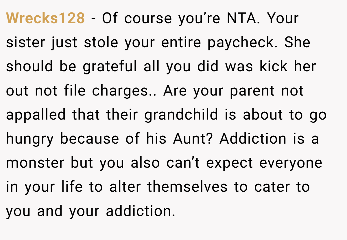 Wrecks128 − Of course you’re NTA. Your sister just stole your entire paycheck. She should be grateful all you did was kick her out not file charges.. Are your parent not appalled that their grandchild is about to go hungry because of his Aunt? Addiction is a monster but you also can’t expect everyone in your life to alter themselves to cater to you and your addiction.