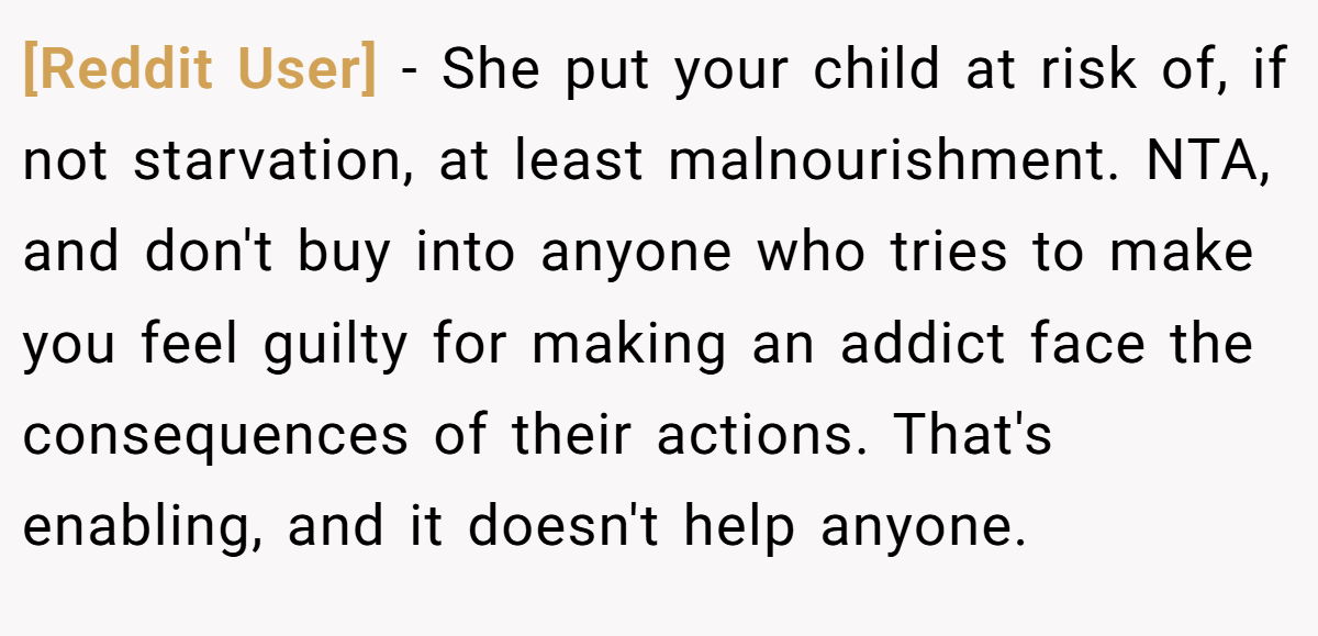 [Reddit User] − She put your child at risk of, if not starvation, at least malnourishment. NTA, and don't buy into anyone who tries to make you feel guilty for making an addict face the consequences of their actions. That's enabling, and it doesn't help anyone.