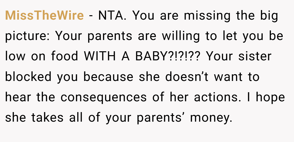 MissTheWire − NTA. You are missing the big picture: Your parents are willing to let you be low on food WITH A BABY?!?!?? Your sister blocked you because she doesn’t want to hear the consequences of her actions. I hope she takes all of your parents’ money.
