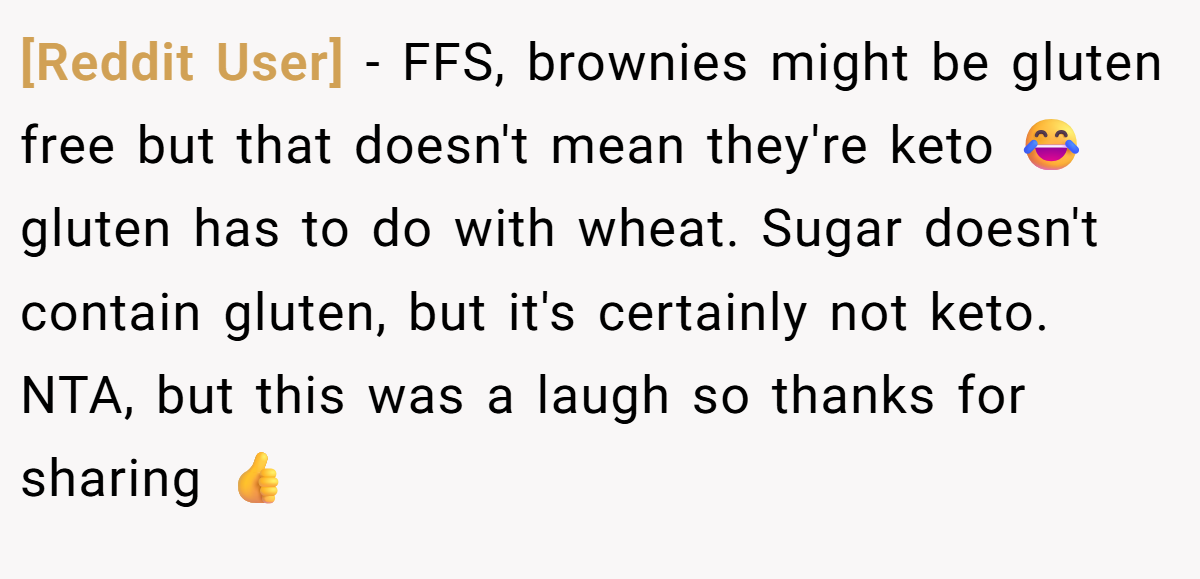 [Reddit User] − FFS, brownies might be gluten free but that doesn't mean they're keto 😂 gluten has to do with wheat. Sugar doesn't contain gluten, but it's certainly not keto. NTA, but this was a laugh so thanks for sharing 👍