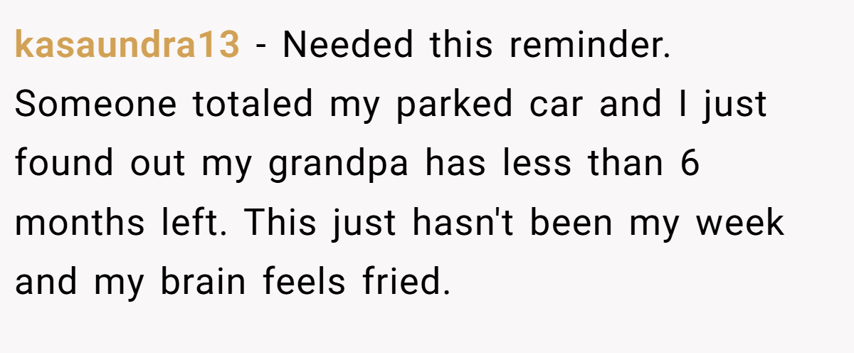 kasaundra13 − Needed this reminder. Someone totaled my parked car and I just found out my grandpa has less than 6 months left. This just hasn't been my week and my brain feels fried.