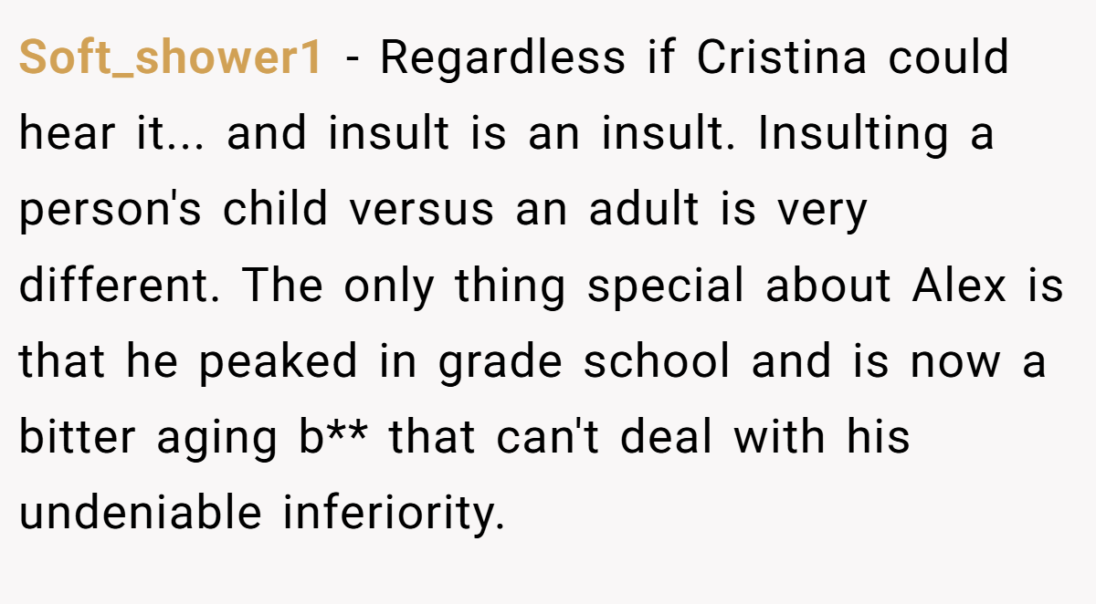 Soft_shower1 − Regardless if Cristina could hear it... and insult is an insult. Insulting a person's child versus an adult is very different. The only thing special about Alex is that he peaked in grade school and is now a bitter aging b** that can't deal with his undeniable inferiority.