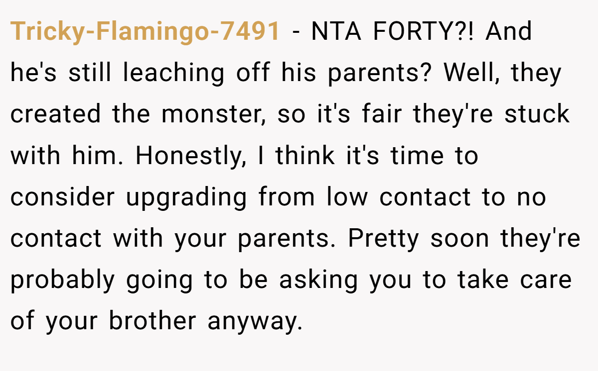 Tricky-Flamingo-7491 − NTA FORTY?! And he's still leaching off his parents? Well, they created the monster, so it's fair they're stuck with him. Honestly, I think it's time to consider upgrading from low contact to no contact with your parents. Pretty soon they're probably going to be asking you to take care of your brother anyway.