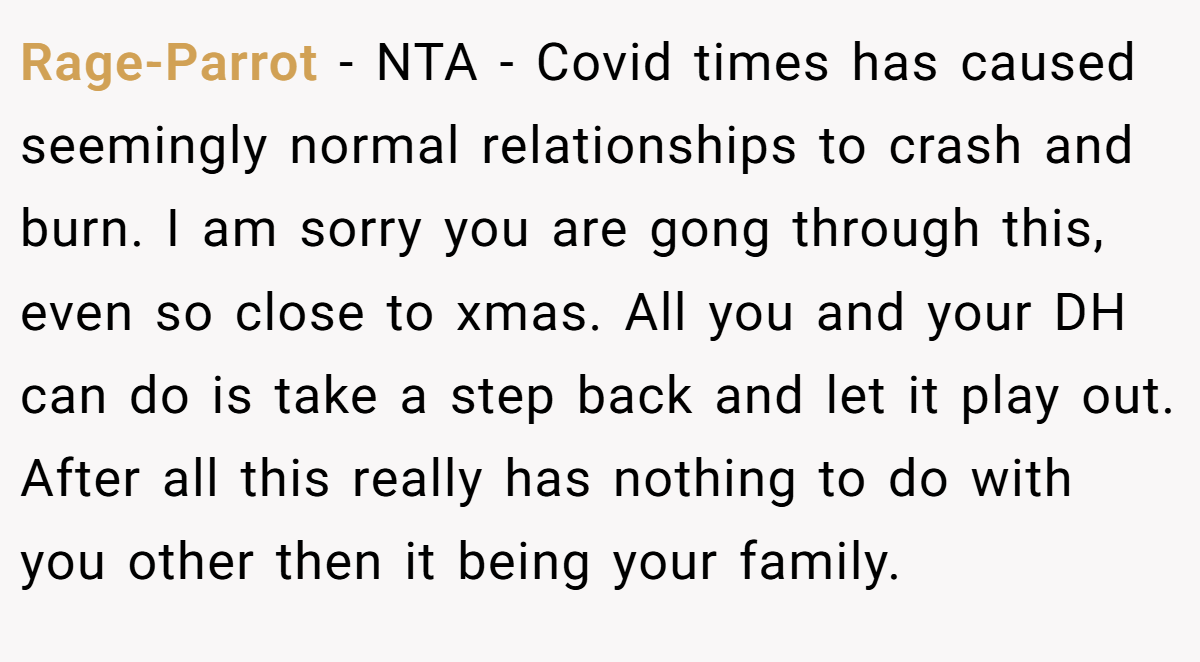 Rage-Parrot - NTA - Covid times has caused seemingly normal relationships to crash and burn. I am sorry you are gong through this, even so close to xmas. All you and your DH can do is take a step back and let it play out. After all this really has nothing to do with you other then it being your family.