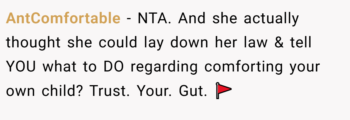 AntComfortable - NTA. And she actually thought she could lay down her law & tell YOU what to DO regarding comforting your own child? Trust. Your. Gut. 🚩