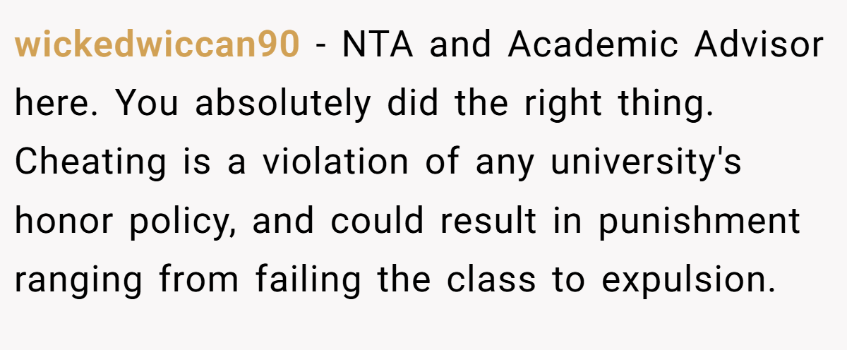 wickedwiccan90 − NTA and Academic Advisor here. You absolutely did the right thing. Cheating is a violation of any university's honor policy, and could result in punishment ranging from failing the class to expulsion.