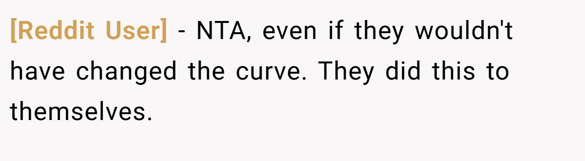 [Reddit User] − NTA, even if they wouldn't have changed the curve. They did this to themselves.