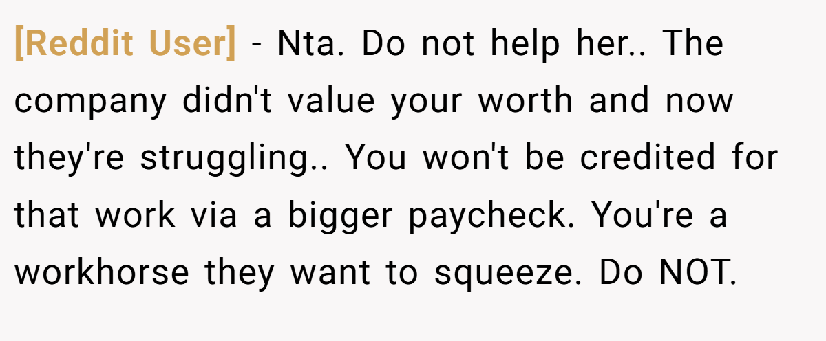 [Reddit User] − Nta. Do not help her.. The company didn't value your worth and now they're struggling.. You won't be credited for that work via a bigger paycheck. You're a workhorse they want to squeeze. Do NOT.