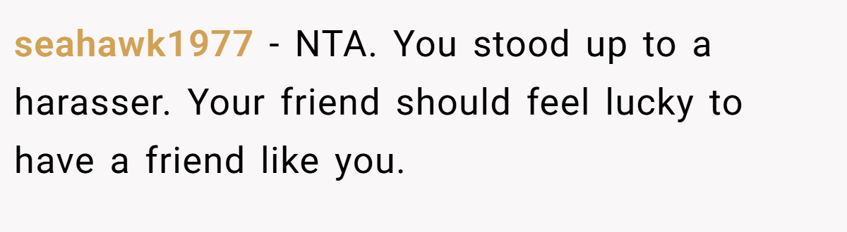 seahawk1977 − NTA. You stood up to a harasser. Your friend should feel lucky to have a friend like you.