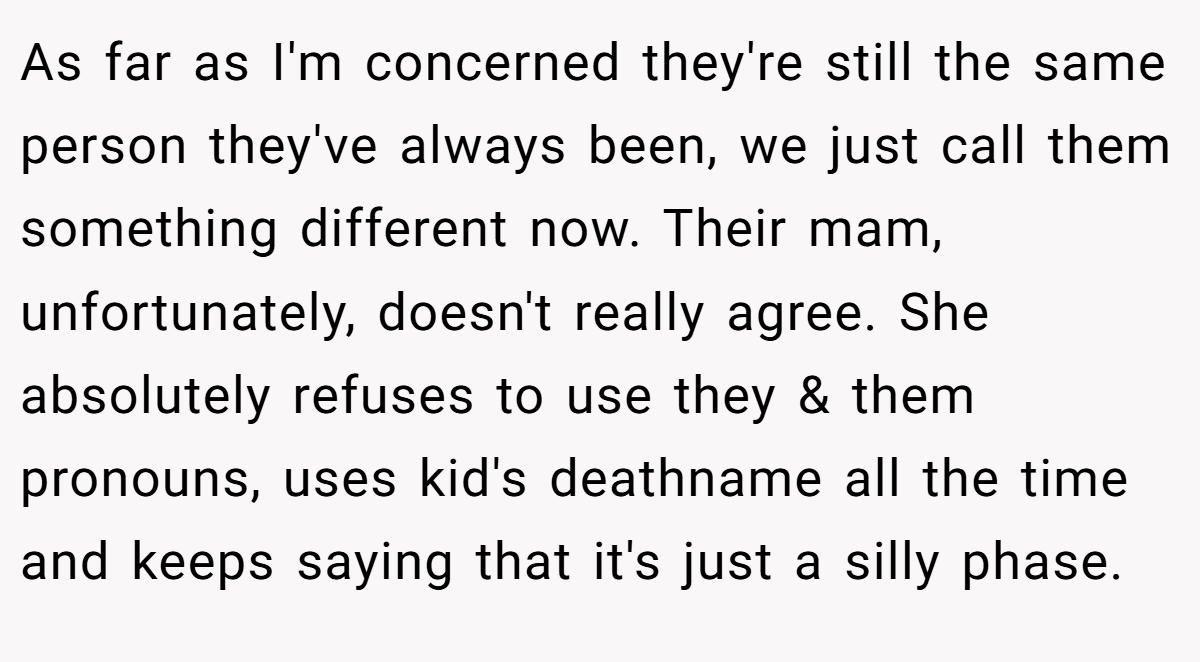 As far as I'm concerned they're still the same person they've always been, we just call them something different now. Their mam, unfortunately, doesn't really agree. She absolutely refuses to use they & them pronouns, uses kid's deathname all the time and keeps saying that it's just a silly phase.
