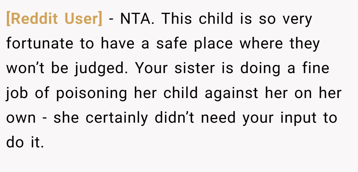 [Reddit User] - NTA. This child is so very fortunate to have a safe place where they won’t be judged. Your sister is doing a fine job of poisoning her child against her on her own - she certainly didn’t need your input to do it.