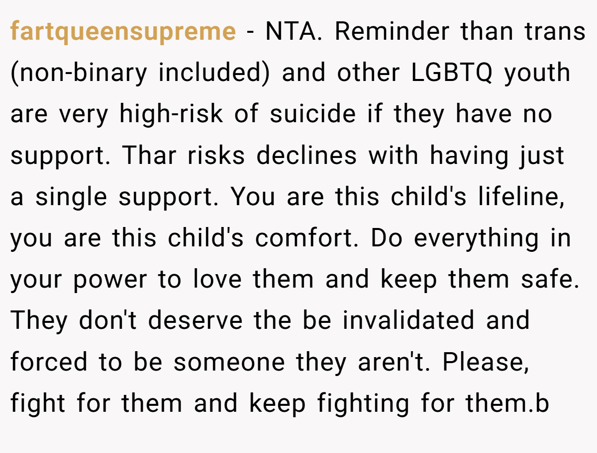 fartqueensupreme - NTA. Reminder than trans (non-binary included) and other LGBTQ youth are very high-risk of suicide if they have no support. Thar risks declines with having just a single support. You are this child's lifeline, you are this child's comfort. Do everything in your power to love them and keep them safe. They don't deserve the be invalidated and forced to be someone they aren't. Please, fight for them and keep fighting for them.b