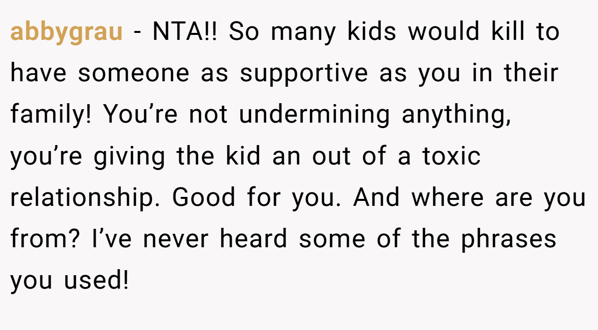 abbygrau - NTA!! So many kids would kill to have someone as supportive as you in their family! You’re not undermining anything, you’re giving the kid an out of a toxic relationship. Good for you. And where are you from? I’ve never heard some of the phrases you used!