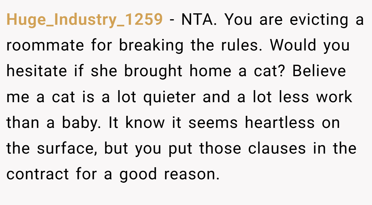 Huge_Industry_1259 − NTA. You are evicting a roommate for breaking the rules. Would you hesitate if she brought home a cat? Believe me a cat is a lot quieter and a lot less work than a baby. It know it seems heartless on the surface, but you put those clauses in the contract for a good reason.