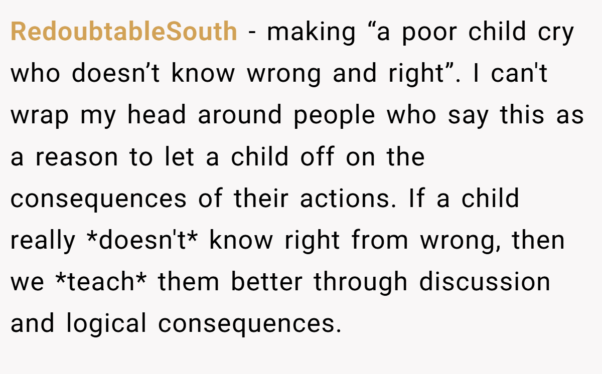RedoubtableSouth − making “a poor child cry who doesn’t know wrong and right”. I can't wrap my head around people who say this as a reason to let a child off on the consequences of their actions. If a child really *doesn't* know right from wrong, then we *teach* them better through discussion and logical consequences.