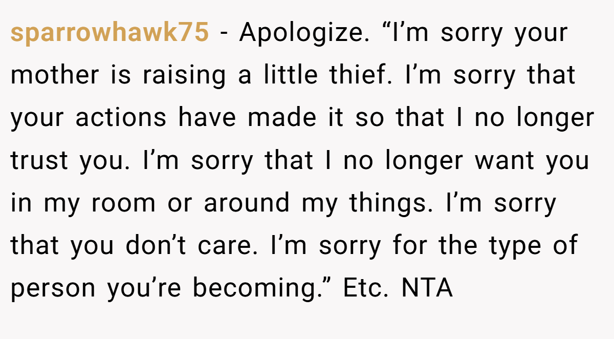 sparrowhawk75 − Apologize. “I’m sorry your mother is raising a little thief. I’m sorry that your actions have made it so that I no longer trust you. I’m sorry that I no longer want you in my room or around my things. I’m sorry that you don’t care. I’m sorry for the type of person you’re becoming.” Etc. NTA