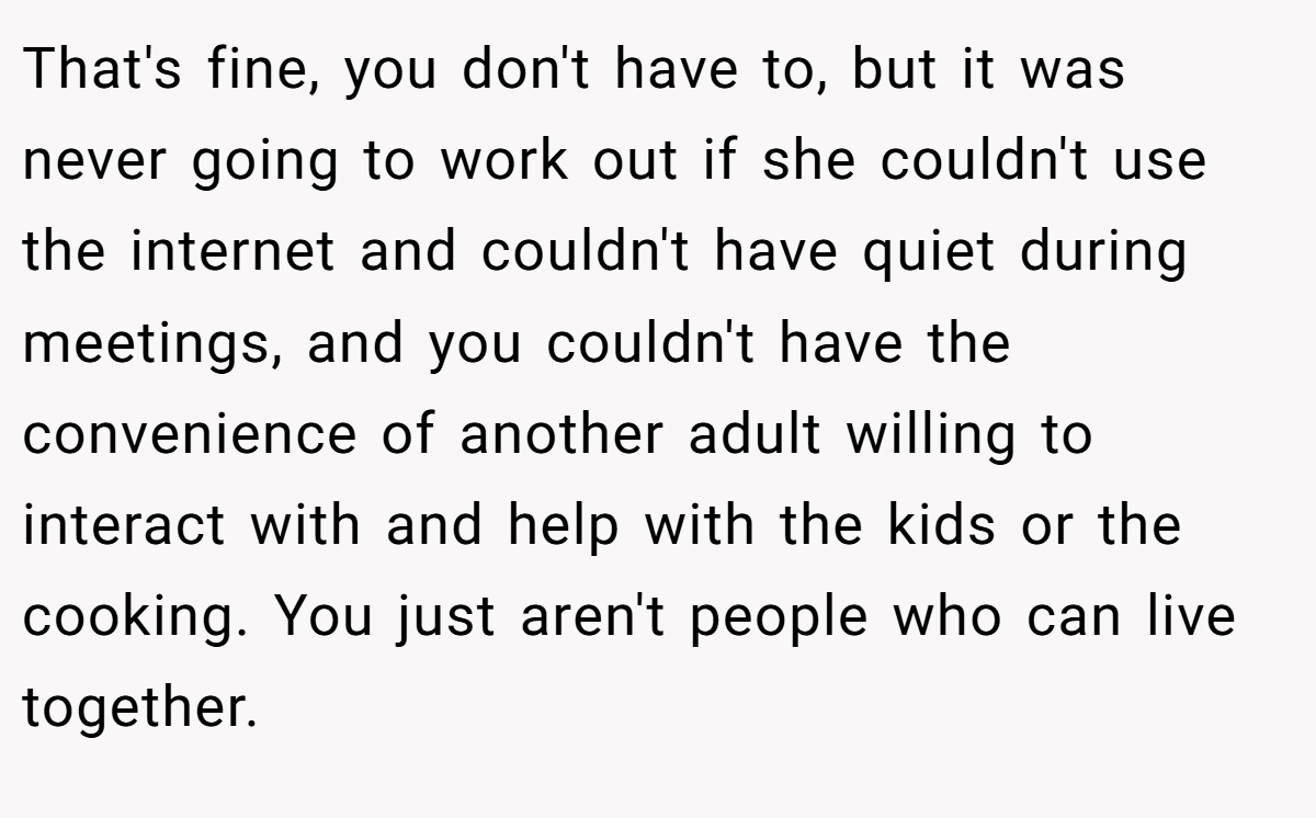 That's fine, you don't have to, but it was never going to work out if she couldn't use the internet and couldn't have quiet during meetings, and you couldn't have the convenience of another adult willing to interact with and help with the kids or the cooking. You just aren't people who can live together.