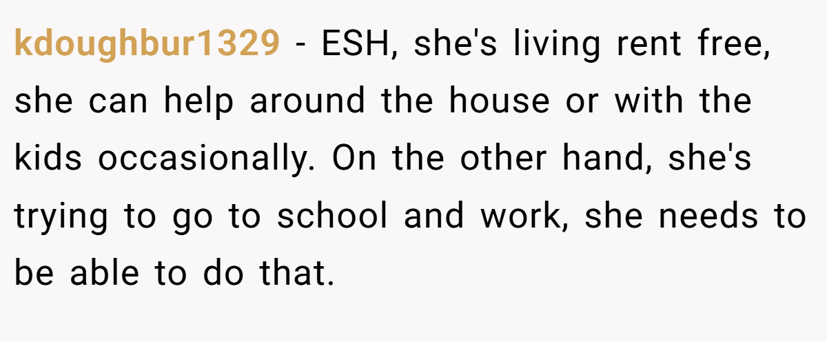 kdoughbur1329 − ESH, she's living rent free, she can help around the house or with the kids occasionally. On the other hand, she's trying to go to school and work, she needs to be able to do that.