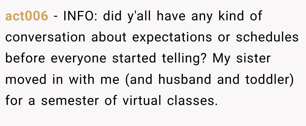 act006 − INFO: did y'all have any kind of conversation about expectations or schedules before everyone started telling? My sister moved in with me (and husband and toddler) for a semester of virtual classes.