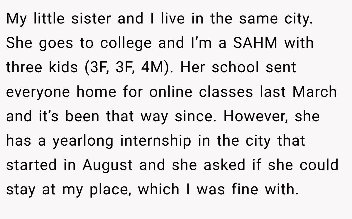 My little sister and I live in the same city. She goes to college and I’m a SAHM with three kids (3F, 3F, 4M). Her school sent everyone home for online classes last March and it’s been that way since. However, she has a yearlong internship in the city that started in August and she asked if she could stay at my place, which I was fine with.