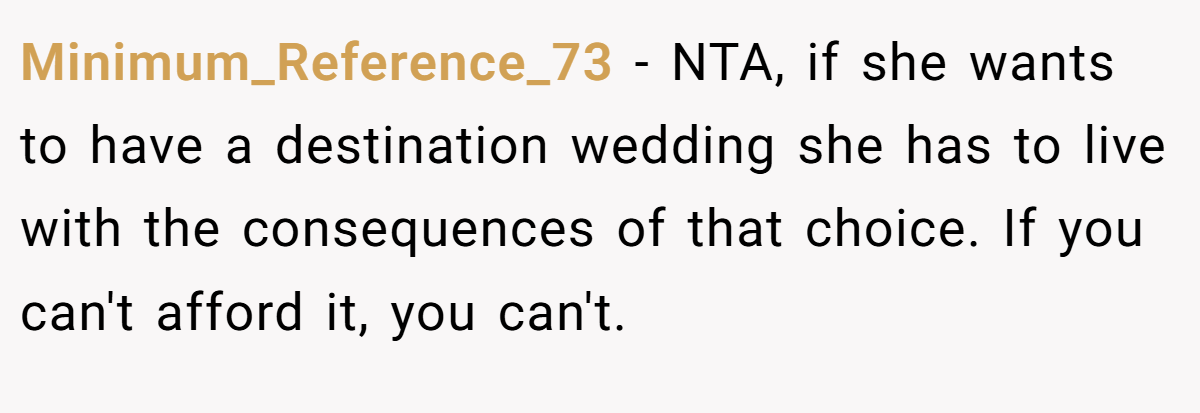 Minimum_Reference_73 - NTA, if she wants to have a destination wedding she has to live with the consequences of that choice. If you can't afford it, you can't.