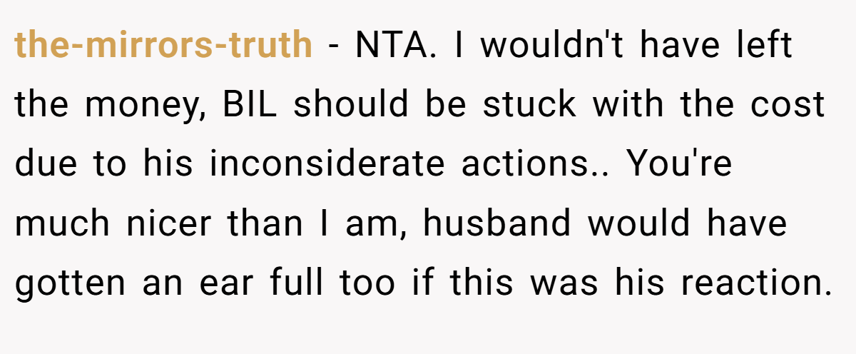 the-mirrors-truth - NTA. I wouldn't have left the money, BIL should be stuck with the cost due to his inconsiderate actions.. You're much nicer than I am, husband would have gotten an ear full too if this was his reaction.