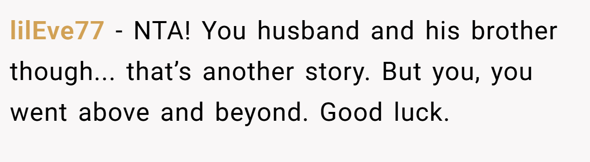 lilEve77 - NTA! You husband and his brother though... that’s another story. But you, you went above and beyond. Good luck.