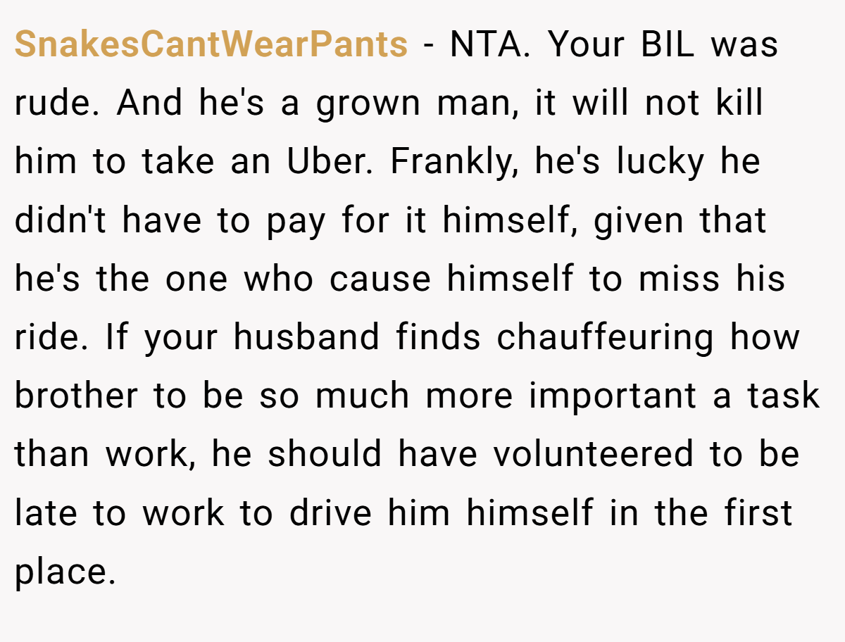 SnakesCantWearPants - NTA. Your BIL was rude. And he's a grown man, it will not kill him to take an Uber. Frankly, he's lucky he didn't have to pay for it himself, given that he's the one who cause himself to miss his ride. If your husband finds chauffeuring how brother to be so much more important a task than work, he should have volunteered to be late to work to drive him himself in the first place.