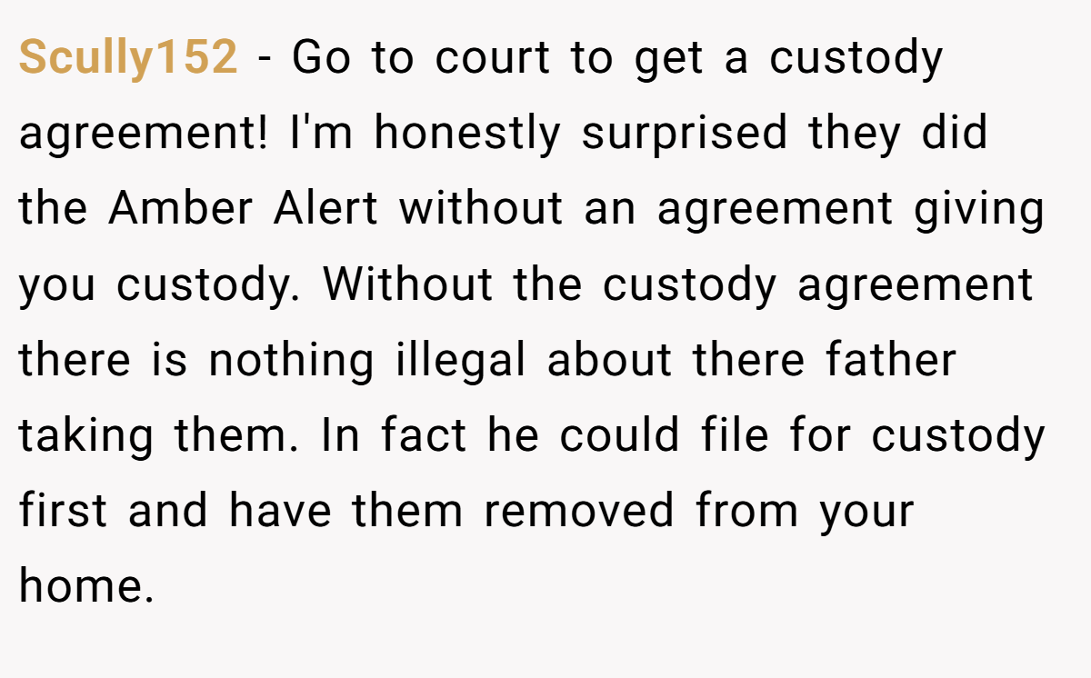 Scully152 − Go to court to get a custody agreement! I'm honestly surprised they did the Amber Alert without an agreement giving you custody. Without the custody agreement there is nothing illegal about there father taking them. In fact he could file for custody first and have them removed from your home.