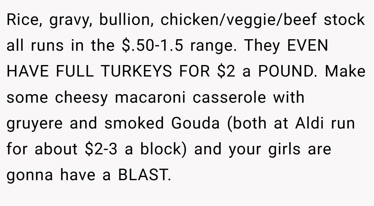 Rice, gravy, bullion, chicken/veggie/beef stock all runs in the $.50-1.5 range. They EVEN HAVE FULL TURKEYS FOR $2 a POUND. Make some cheesy macaroni casserole with gruyere and smoked Gouda (both at Aldi run for about $2-3 a block) and your girls are gonna have a BLAST.