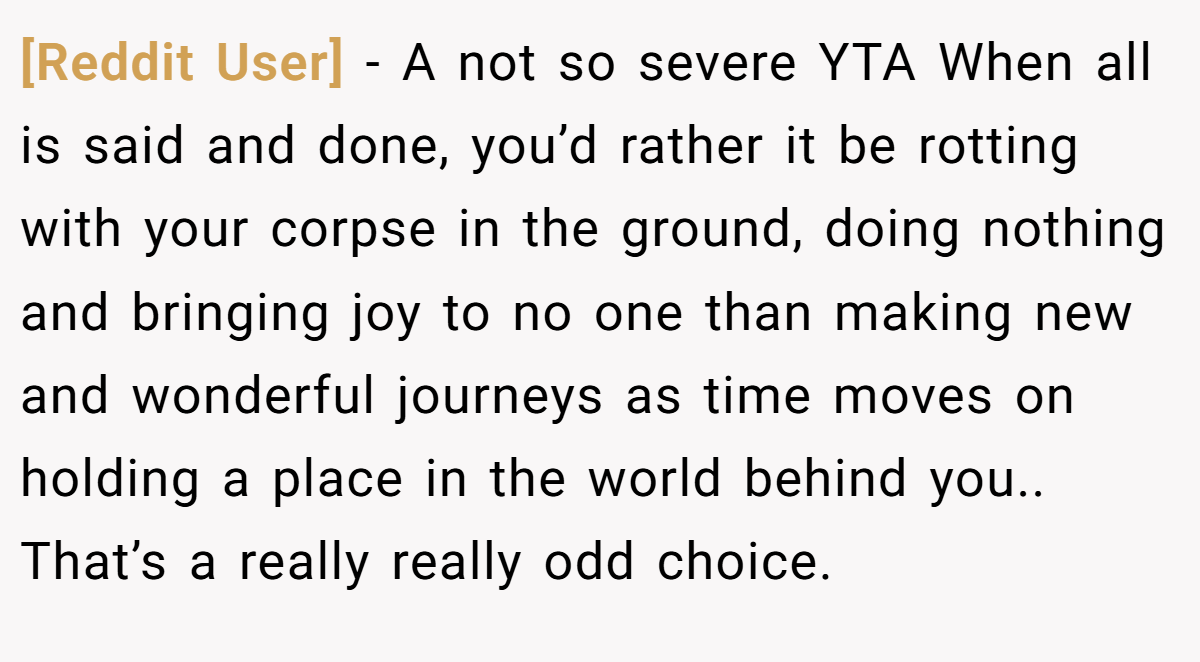 [Reddit User] − A not so severe YTA When all is said and done, you’d rather it be rotting with your corpse in the ground, doing nothing and bringing joy to no one than making new and wonderful journeys as time moves on holding a place in the world behind you.. That’s a really really odd choice.