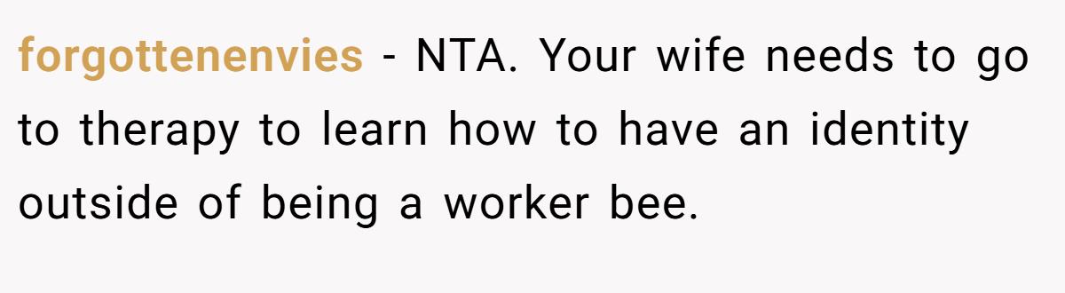 forgottenenvies - NTA. Your wife needs to go to therapy to learn how to have an identity outside of being a worker bee.