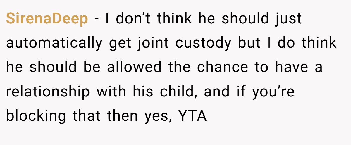 SirenaDeep − I don’t think he should just automatically get joint custody but I do think he should be allowed the chance to have a relationship with his child, and if you’re blocking that then yes, YTA