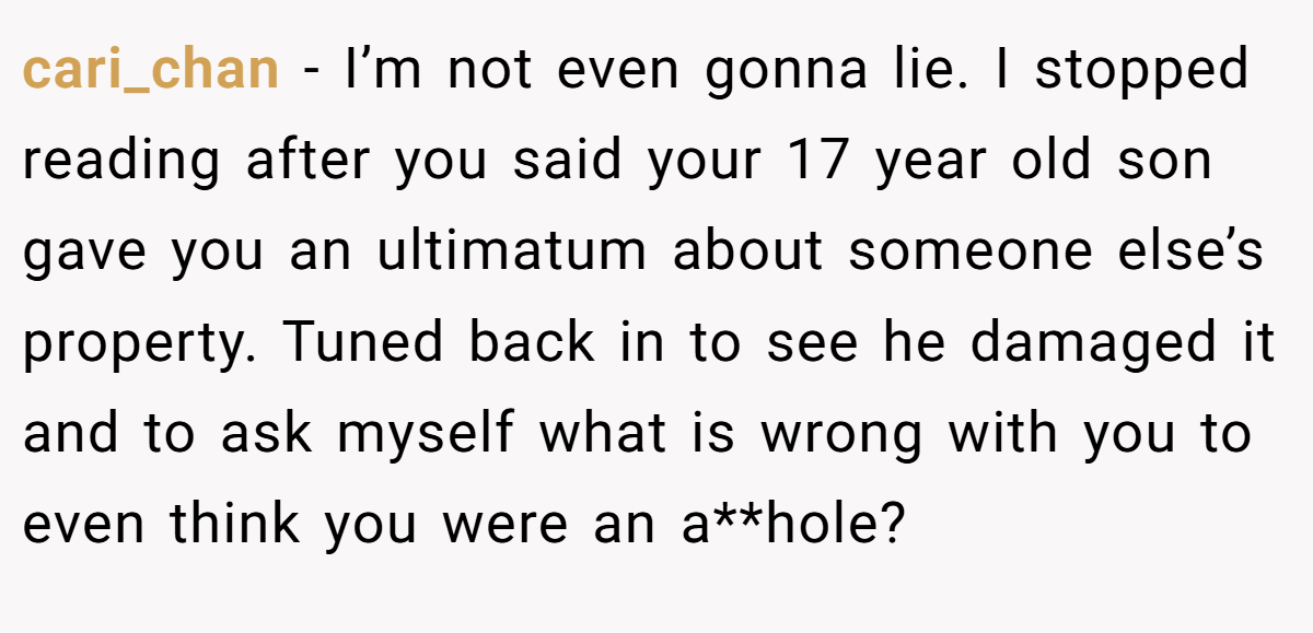 cari_chan − I’m not even gonna lie. I stopped reading after you said your 17 year old son gave you an ultimatum about someone else’s property. Tuned back in to see he damaged it and to ask myself what is wrong with you to even think you were an a**hole?