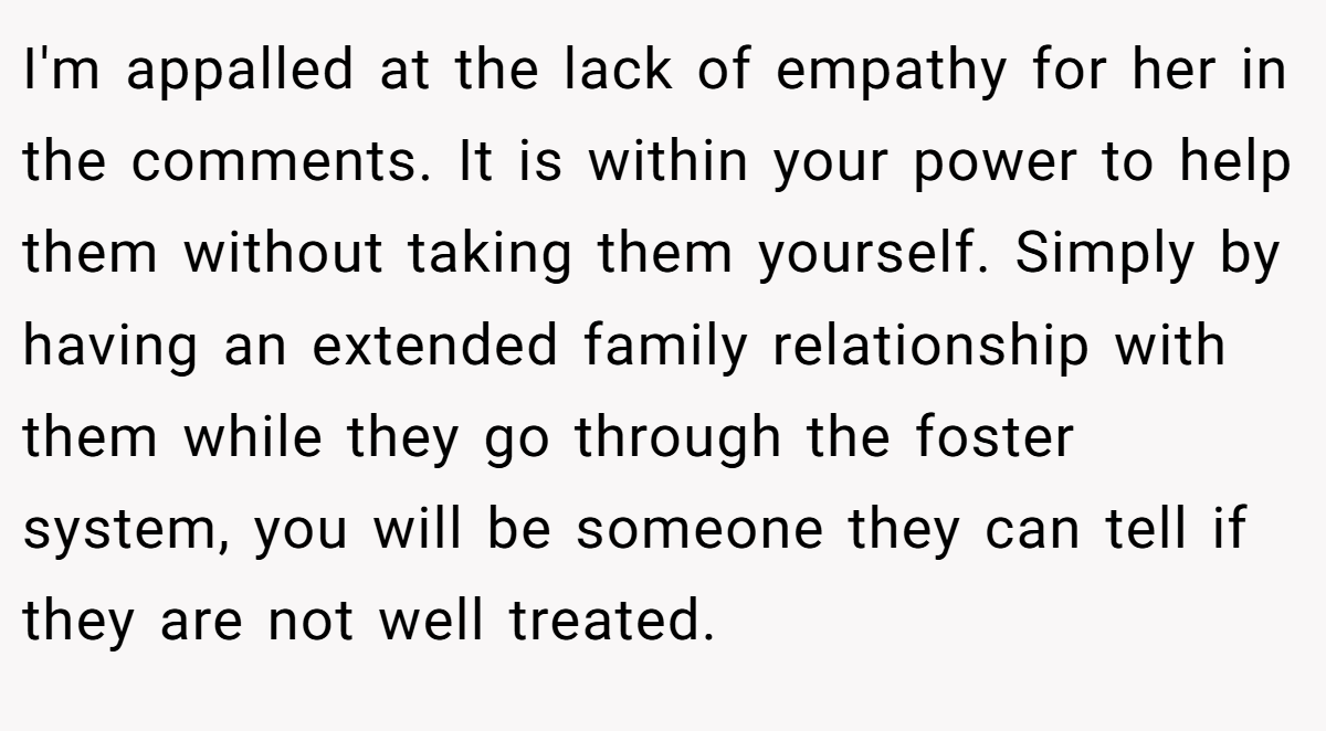 I'm appalled at the lack of empathy for her in the comments. It is within your power to help them without taking them yourself. Simply by having an extended family relationship with them while they go through the foster system, you will be someone they can tell if they are not well treated.