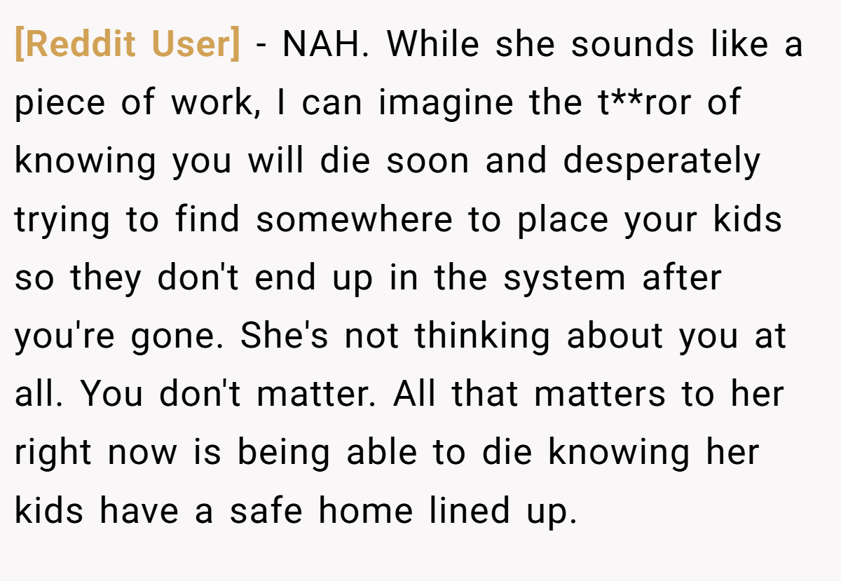 [Reddit User] − NAH. While she sounds like a piece of work, I can imagine the t**ror of knowing you will die soon and desperately trying to find somewhere to place your kids so they don't end up in the system after you're gone. She's not thinking about you at all. You don't matter. All that matters to her right now is being able to die knowing her kids have a safe home lined up.