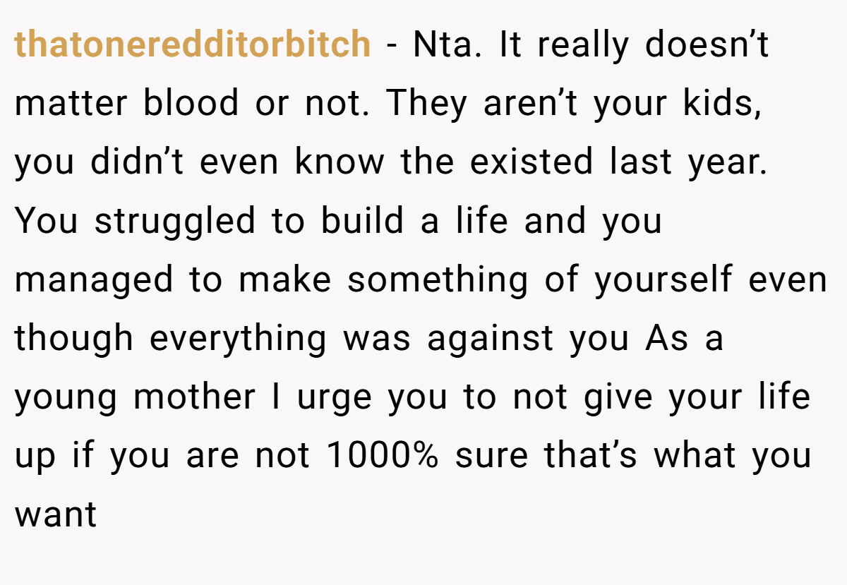 thatoneredditorbitch − Nta. It really doesn’t matter blood or not. They aren’t your kids, you didn’t even know the existed last year. You struggled to build a life and you managed to make something of yourself even though everything was against you As a young mother I urge you to not give your life up if you are not 1000% sure that’s what you want