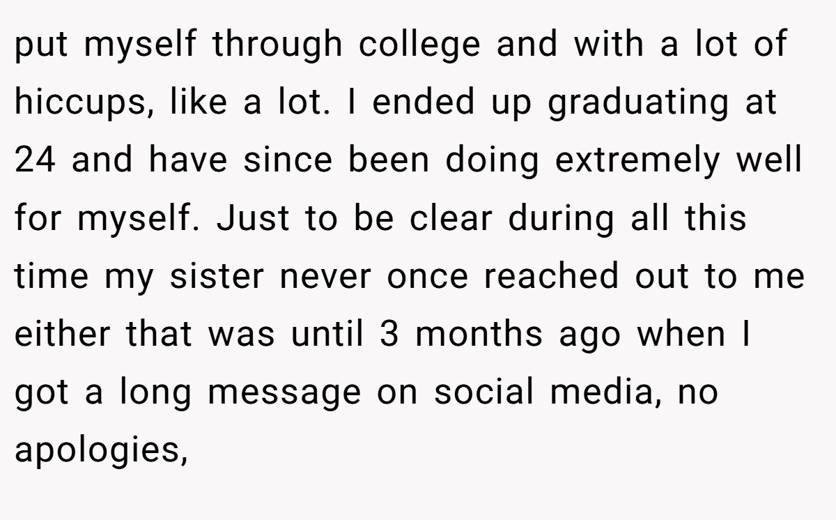 put myself through college and with a lot of hiccups, like a lot. I ended up graduating at 24 and have since been doing extremely well for myself. Just to be clear during all this time my sister never once reached out to me either that was until 3 months ago when I got a long message on social media, no apologies,