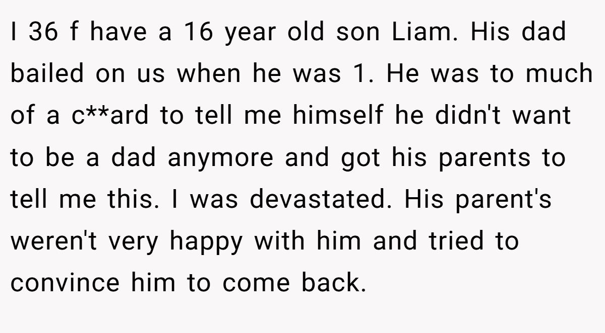 I 36 f have a 16 year old son Liam. His dad bailed on us when he was 1. He was to much of a c**ard to tell me himself he didn't want to be a dad anymore and got his parents to tell me this. I was devastated. His parent's weren't very happy with him and tried to convince him to come back.
