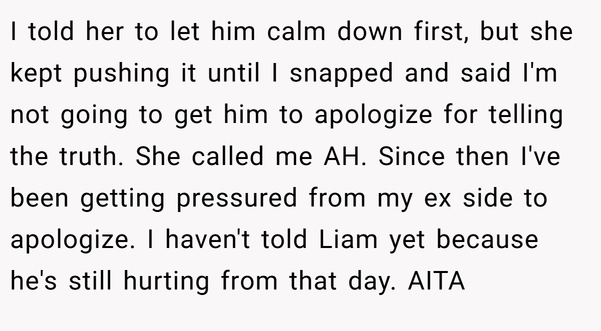 I told her to let him calm down first, but she kept pushing it until I snapped and said I'm not going to get him to apologize for telling the truth. She called me AH. Since then I've been getting pressured from my ex side to apologize. I haven't told Liam yet because he's still hurting from that day. AITA