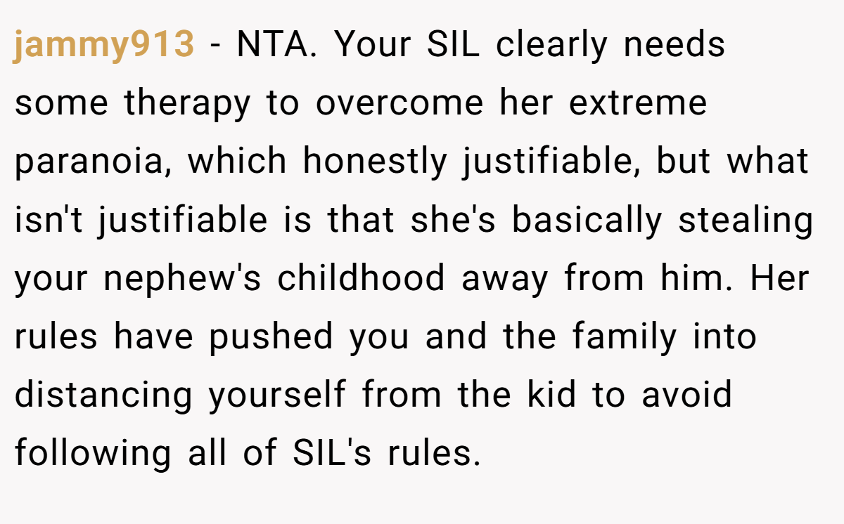 jammy913 − NTA. Your SIL clearly needs some therapy to overcome her extreme paranoia, which honestly justifiable, but what isn't justifiable is that she's basically stealing your nephew's childhood away from him. Her rules have pushed you and the family into distancing yourself from the kid to avoid following all of SIL's rules.