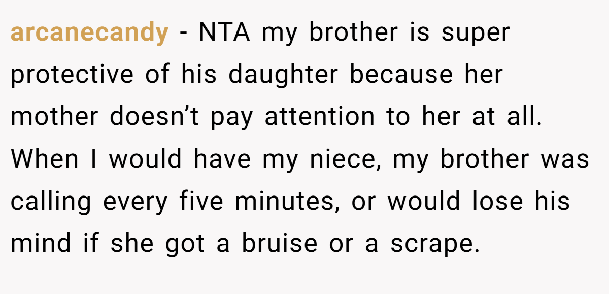 arcanecandy − NTA my brother is super protective of his daughter because her mother doesn’t pay attention to her at all. When I would have my niece, my brother was calling every five minutes, or would lose his mind if she got a bruise or a scrape.