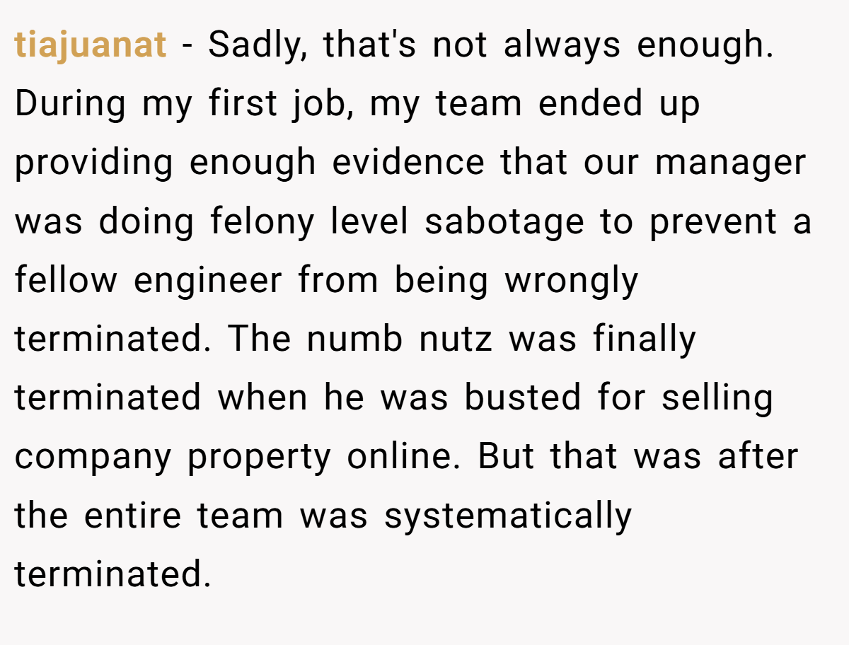 tiajuanat − Sadly, that's not always enough. During my first job, my team ended up providing enough evidence that our manager was doing felony level sabotage to prevent a fellow engineer from being wrongly terminated. The numb nutz was finally terminated when he was busted for selling company property online. But that was after the entire team was systematically terminated.